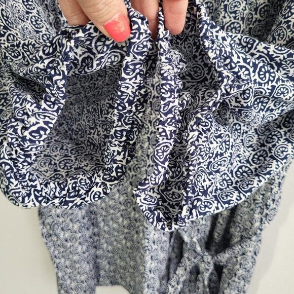 Talbots Side Tie Faux Wrap Top 3X Blue Scroll V-neck 3/4 Sleeve Slimming NEW - Picture 8 of 13